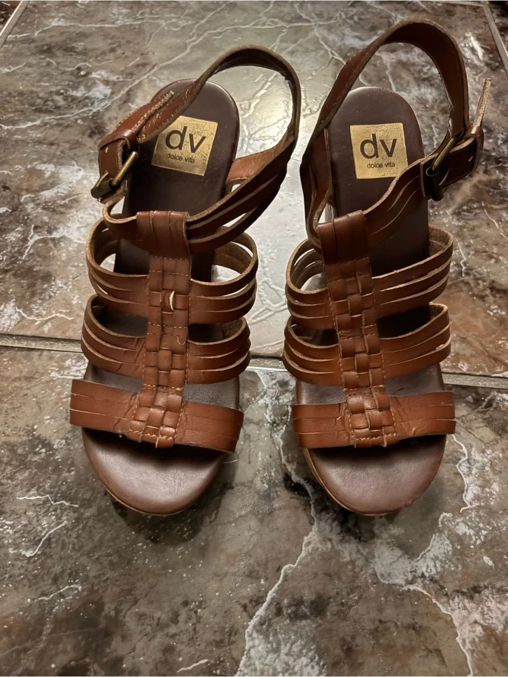 DV by Dolce Vita Cognac Brown Leather Strappy Heeled Sandals